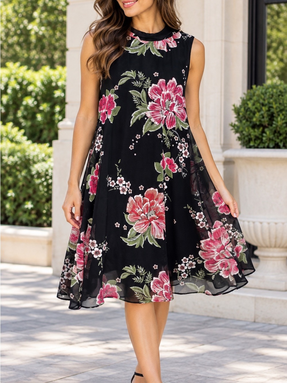 Robbie Bee Black Floral Sleeveless A-Line Dress with Pink Flowers